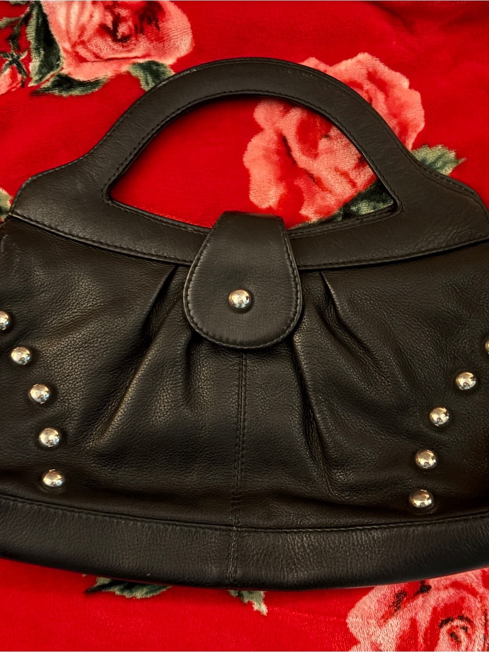 Black Leather Studded Handle  Clutch